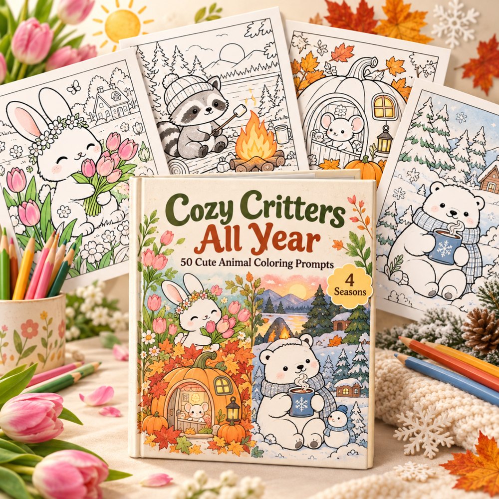 Cozy Critters All Year coloring prompt pack